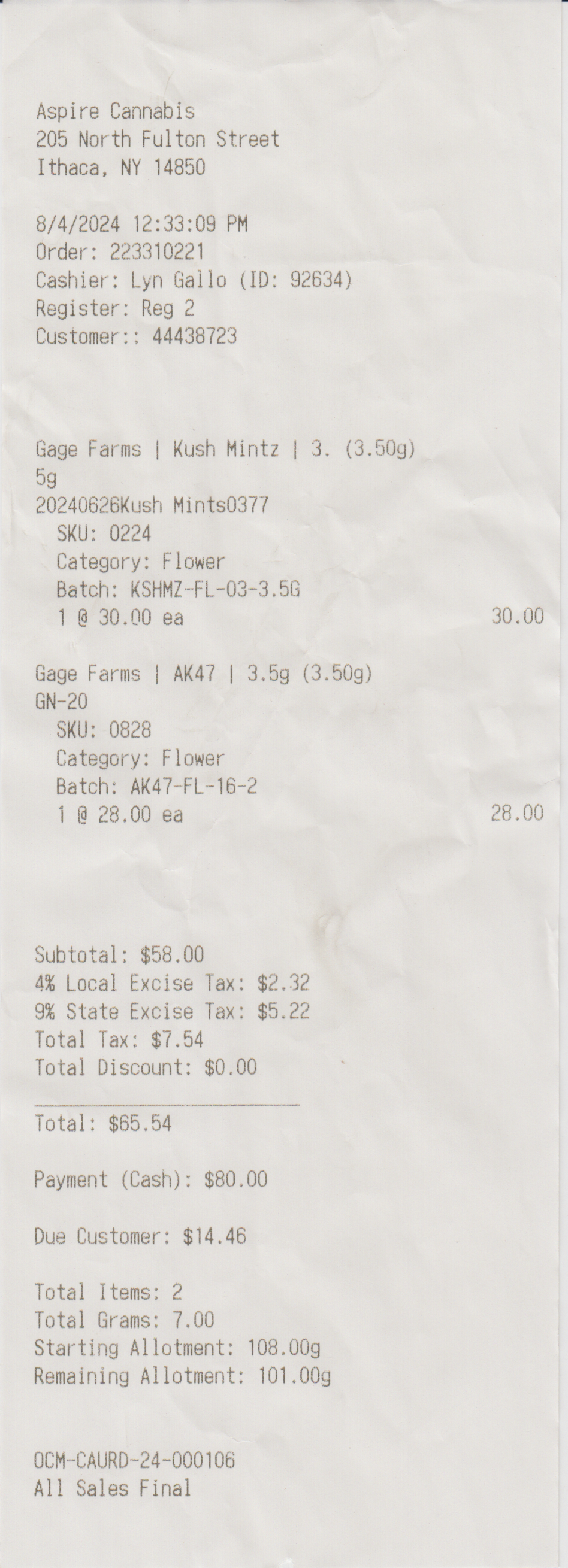 ./2024-08-04 - Aspire MJ Purchase - 1 x 3.5 gm Kush Mintz - 1 x 3.5 gm AK-47 - $65.54.png